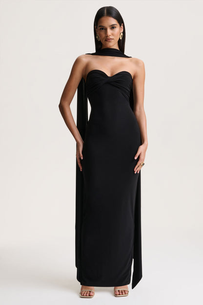 Sheila | Black Bandeau Maxi Dress With Scarf Detail