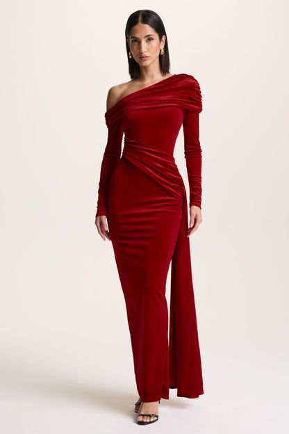 Hadria | Red Velvet Asymmetric-Neck Maxi Dress With Sash-Detail