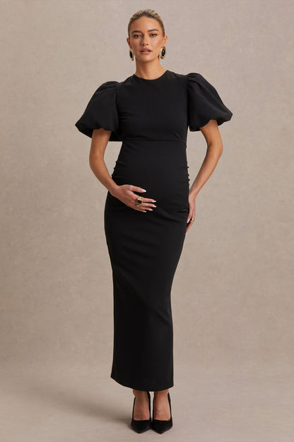Luna | Black Crew-Neck Maternity Midi Dress With Puff-Sleeves