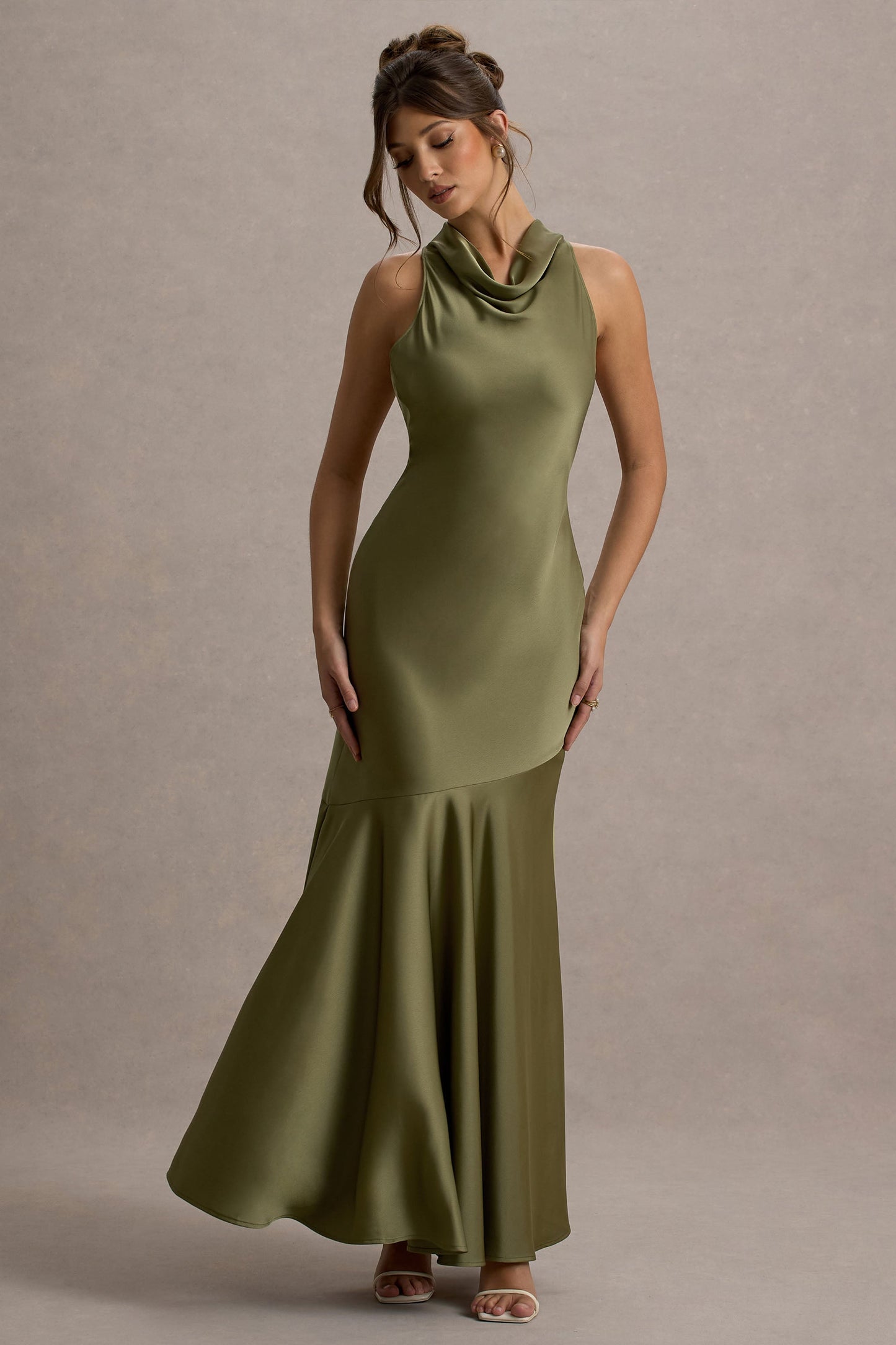 Amelita | Khaki Satin Cowl-Neck Maxi Dress