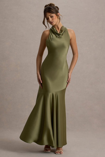 Amelita | Khaki Satin Cowl-Neck Maxi Dress