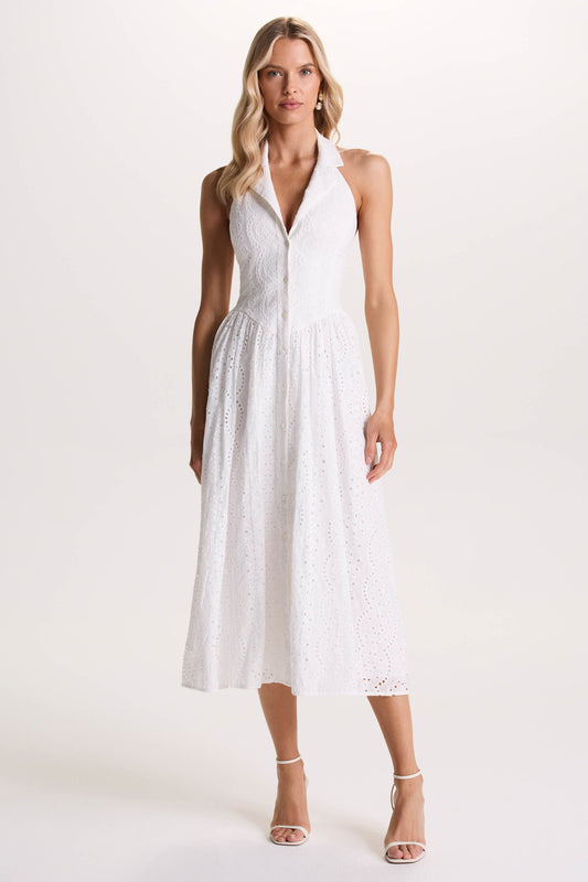 Jezebel | White Lace Plunge-Neck Collared Midi Dress