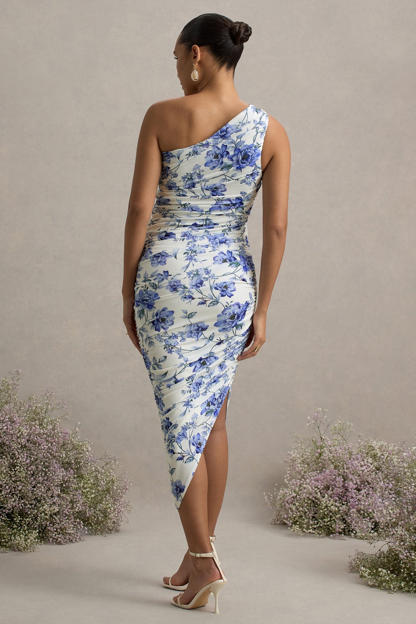 Late Night | Blue Floral Print Maternity Ruched One Shoulder Midi Dress