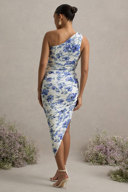 Late Night | Blue Floral Print Maternity Ruched One Shoulder Midi Dress