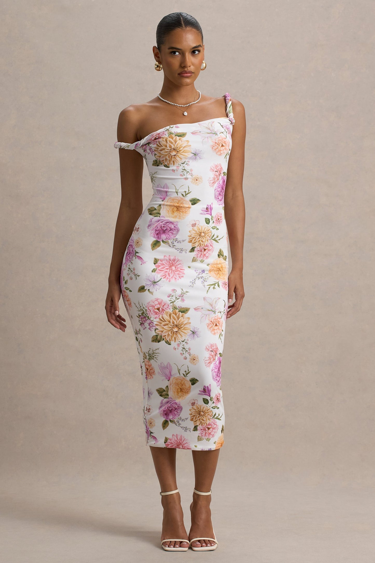 Nora | Peach And Lilac Floral Twisted Asymmetric Midi Dress