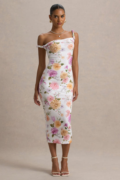 Nora | Peach And Lilac Floral Twisted Asymmetric Midi Dress