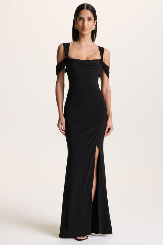 Amoura | Black Square-Neck Draped Wrap Maxi Dress