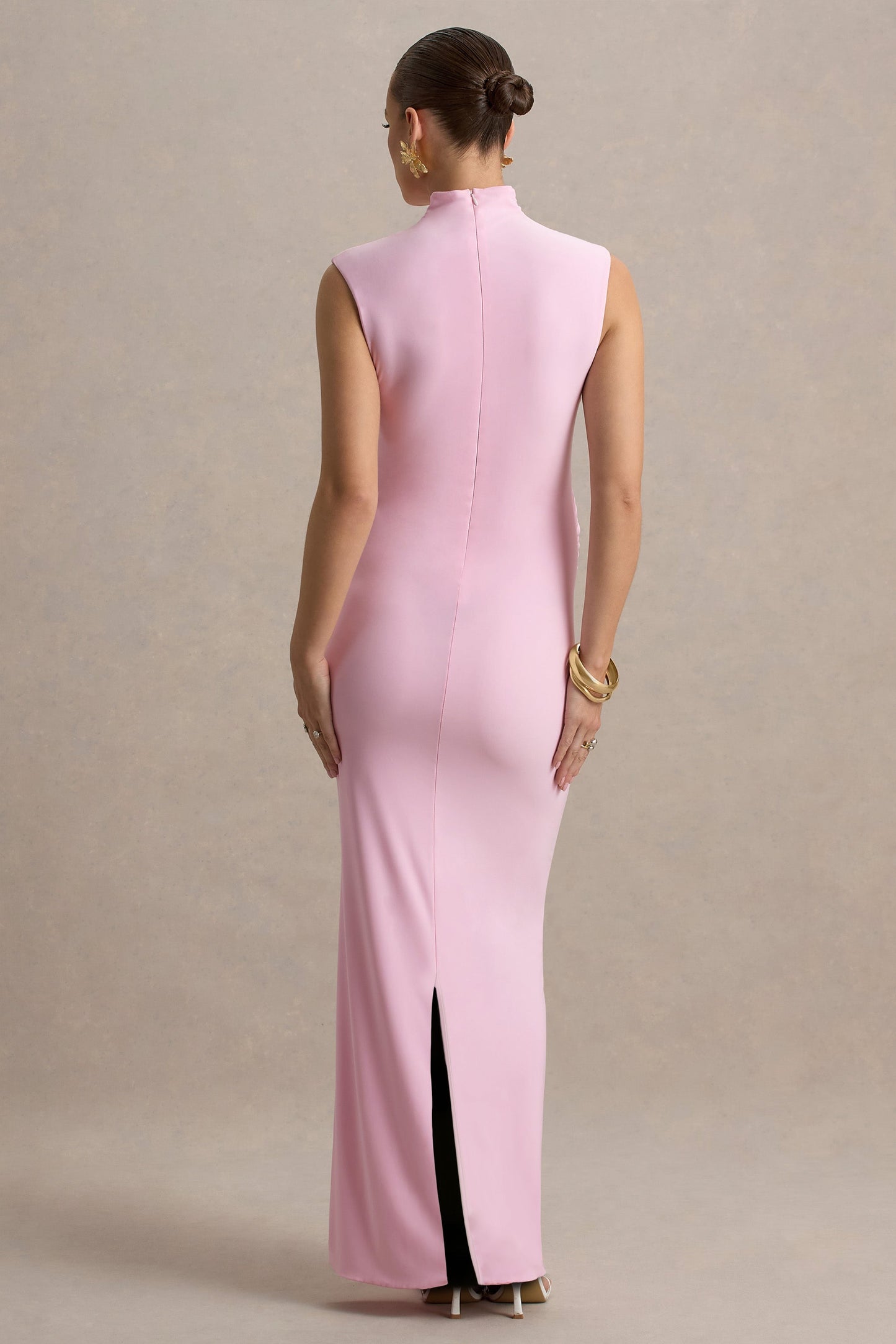 Kienna | Pink Ruched High-Neck Maternity Maxi Dress