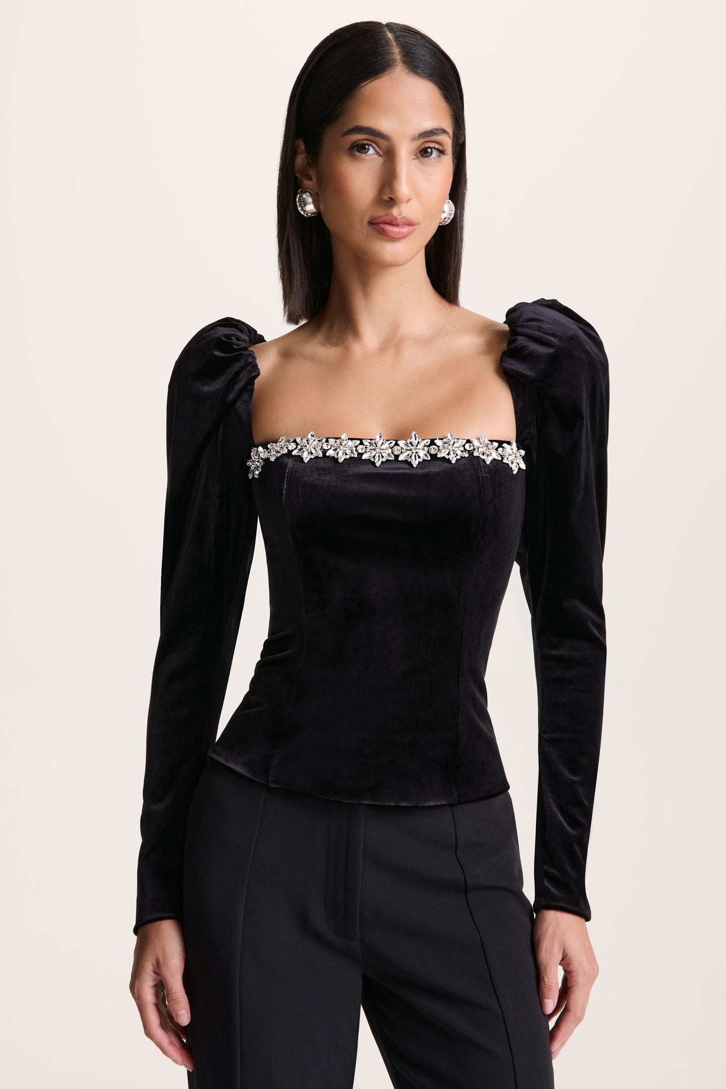 Tazmin | Black Velvet Embellished Square-Neck Top