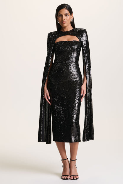 Adeline | Black Sequin Crew-Neck Midi Dress With Cape Sleeves
