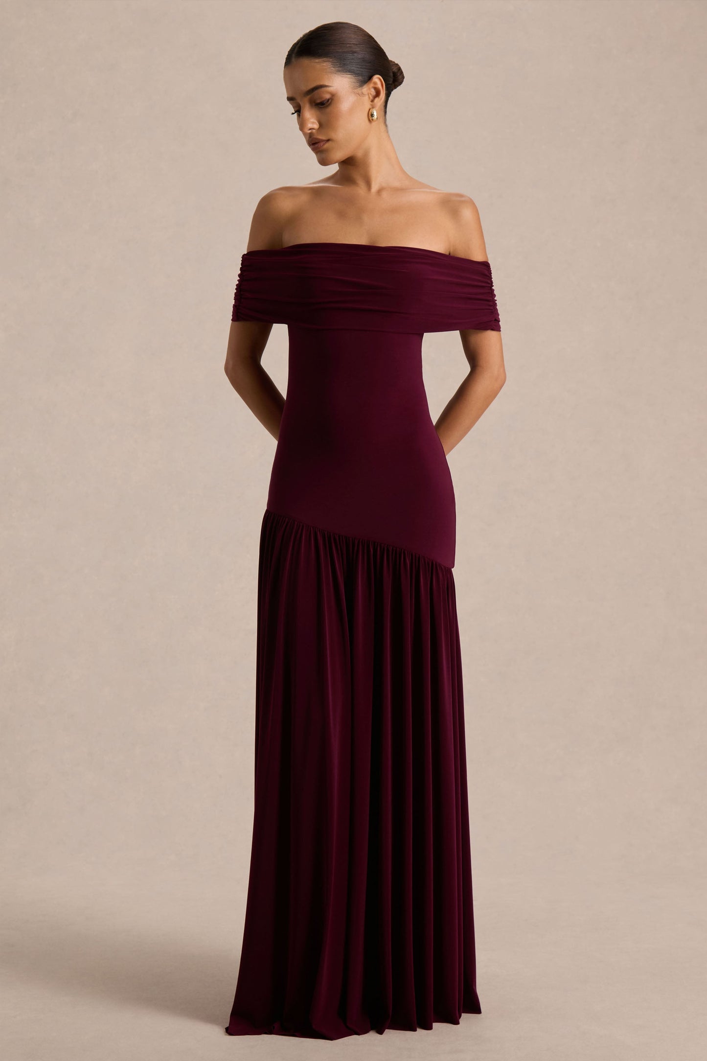 Venezia | Burgundy Bardot Maxi Dress With Drop-Waist