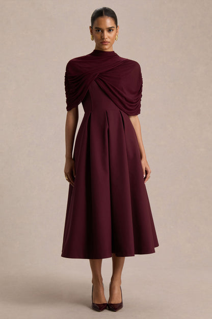 Thalia | Burgundy High-Neck Midi Dress With Sheer Mesh Cape
