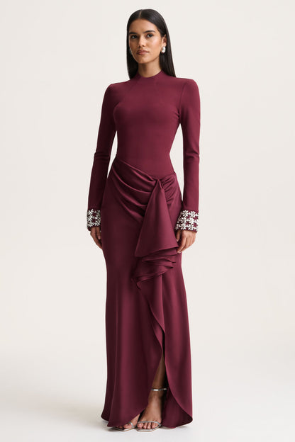 Starred | Burgundy Crew-Neck Maxi Dress With Drop-Waist And Satin Wrap-Skirt