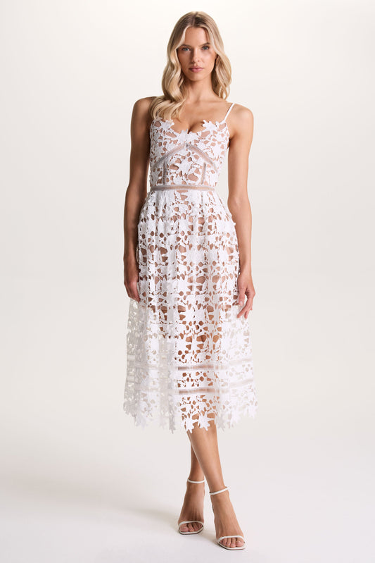 Zuri | White Lace Sweetheart Midi Dress With Cami Straps