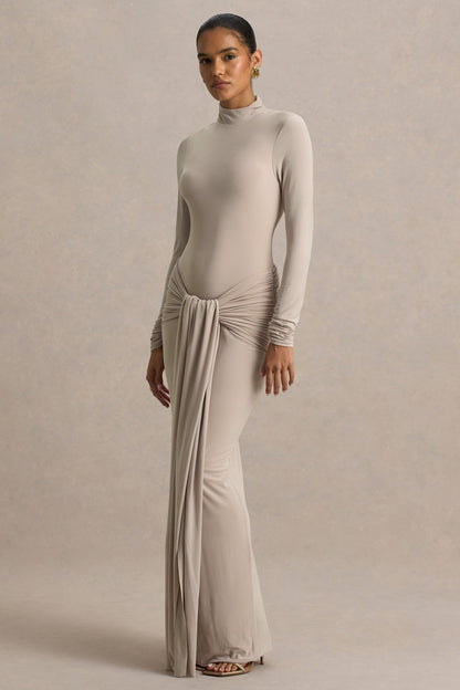 Myra | Champagne High-Neck Maxi Dress With Sash and Ruched Detailing