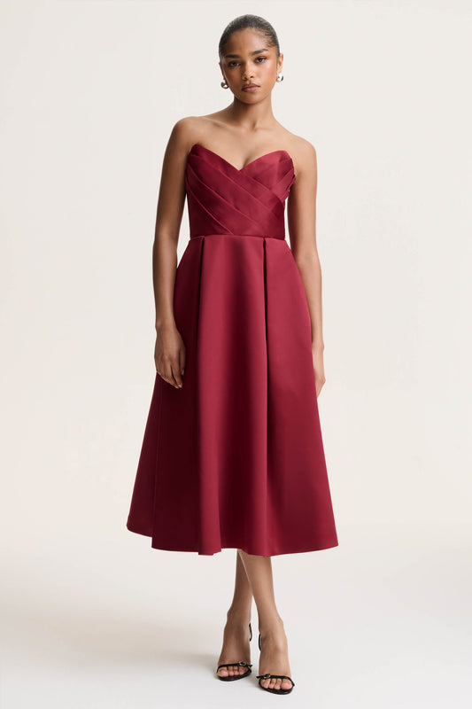 Promises | Red Satin Sweetheart-Neck Midi Dress