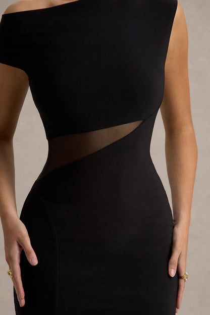 Emily | Black Asymmetric Split Maxi Dress With Mesh Detailing