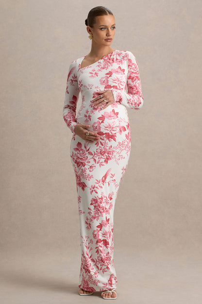Vanette | Pink Floral Print Asymmetric Long-Sleeve Maternity Maxi Dress