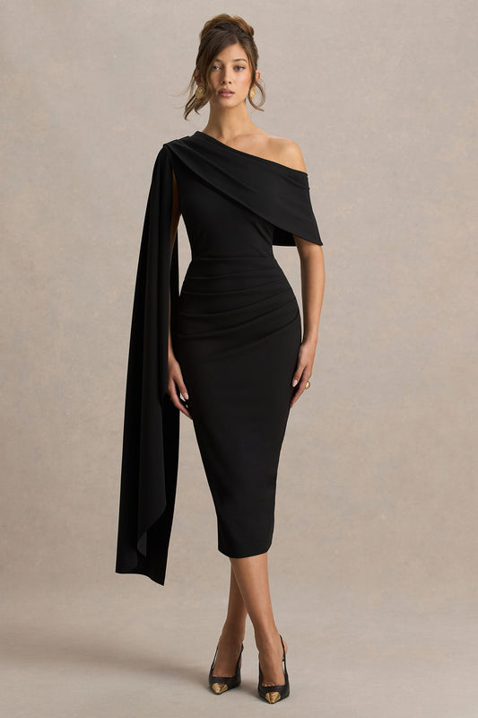 Leah | Black Asymmetric-Neck Midi Dress With Cape-Sleeve