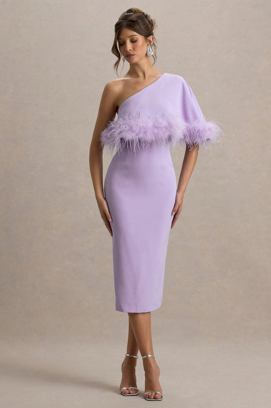 Victory | Lilac One Shoulder Midi Dress With Feather Trim