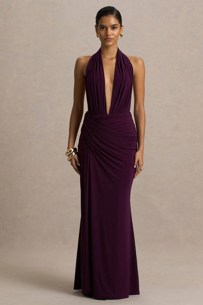 Tilly | Burgundy Extreme Plunge-Neck Maxi Dress With Wrap And Ruched Details