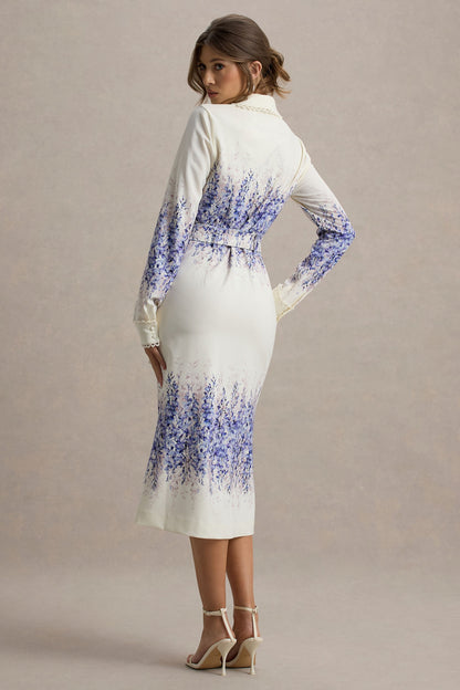 Zephy | Wisteria Print Belted Shirt Midi Dress