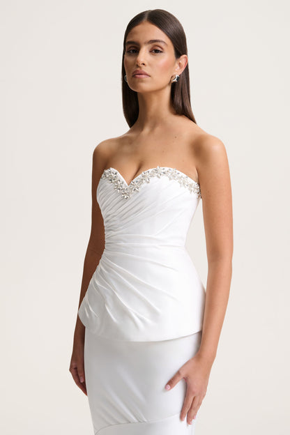 Ambria | White Satin Hand-Embellished Sweetheart-Neck Corset Top