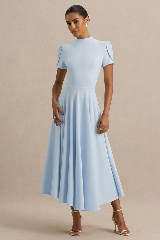 Vicky | Powder Blue High Neck Midi Dress With Puff Sleeves