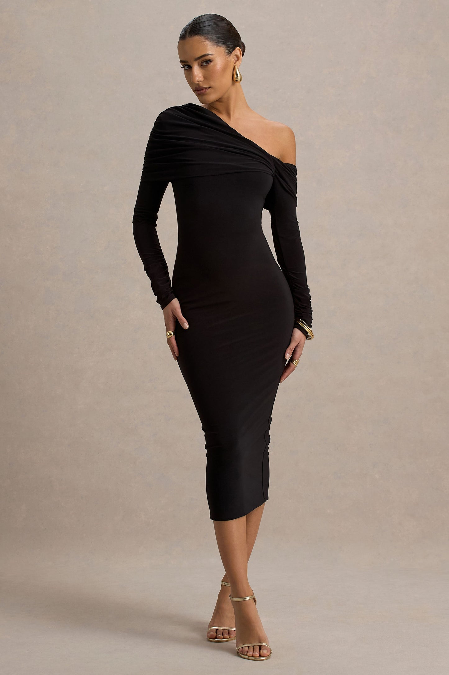 Cleo | Black Bodycon Midi Dress With Mesh Sleeves