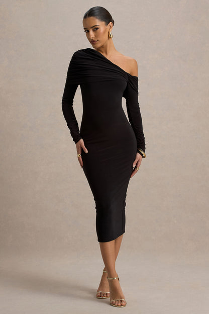 Cleo | Black Bodycon Midi Dress With Mesh Sleeves