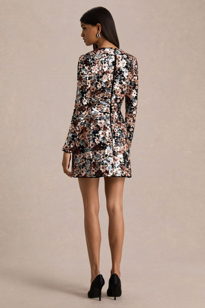 Adaline | Black Velvet & Embellished Sequin Floral Long-Sleeved Mini Dress