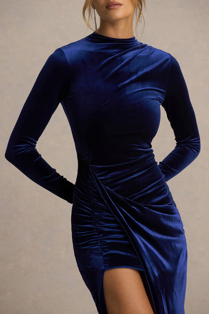 Wishes | Navy Velvet High-Neck Maxi Dress With Wrap Skirt