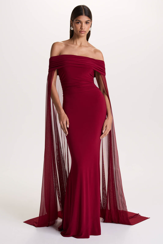 Carlotta | Berry Bardot Maxi Dress With Chiffon Cape