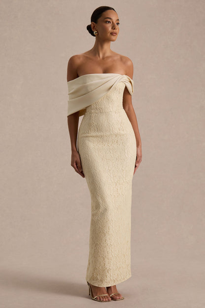 Solora | Cream Lace Twisted Bardot-Neck Maxi Dress