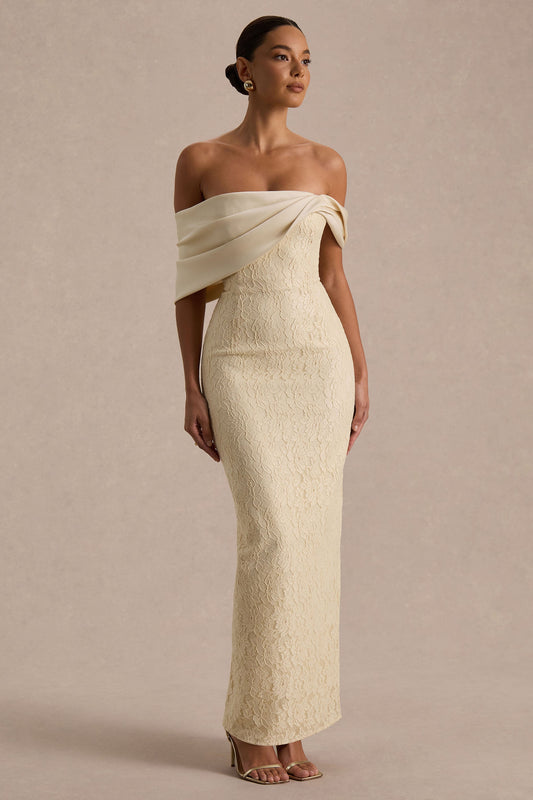 Solora | Cream Lace Twisted Bardot-Neck Maxi Dress
