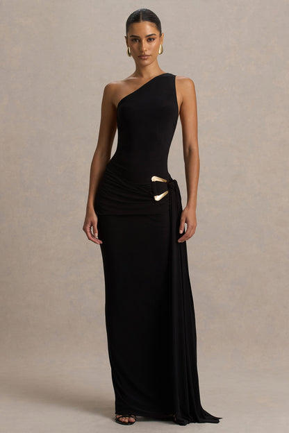 Bonnie | Black Asymmetric-Neck Maxi Dress With Open-Back