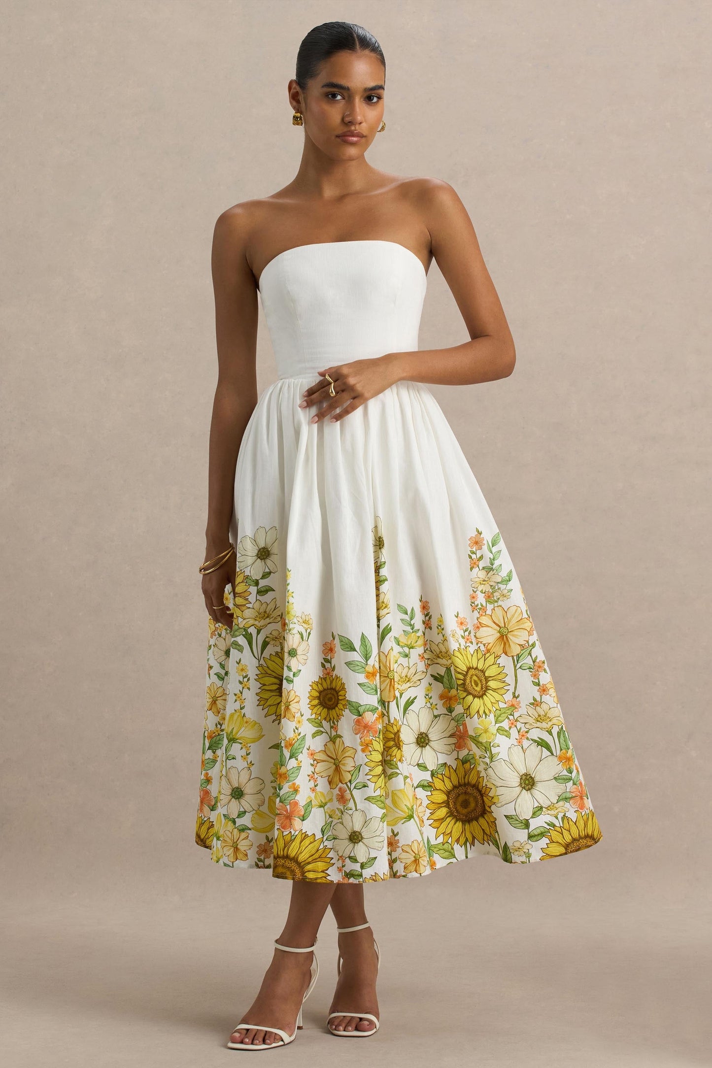Ivory | Sunflower Print Bandeau High-Low Midi Dress
