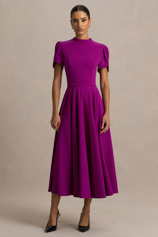 Vicky | Mulberry High Neck Midi Dress With Puff Sleeves