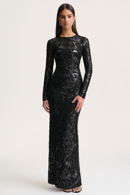 Stellar | Black Embellished Lace High-Neck Maxi Dress With Long Sleeves