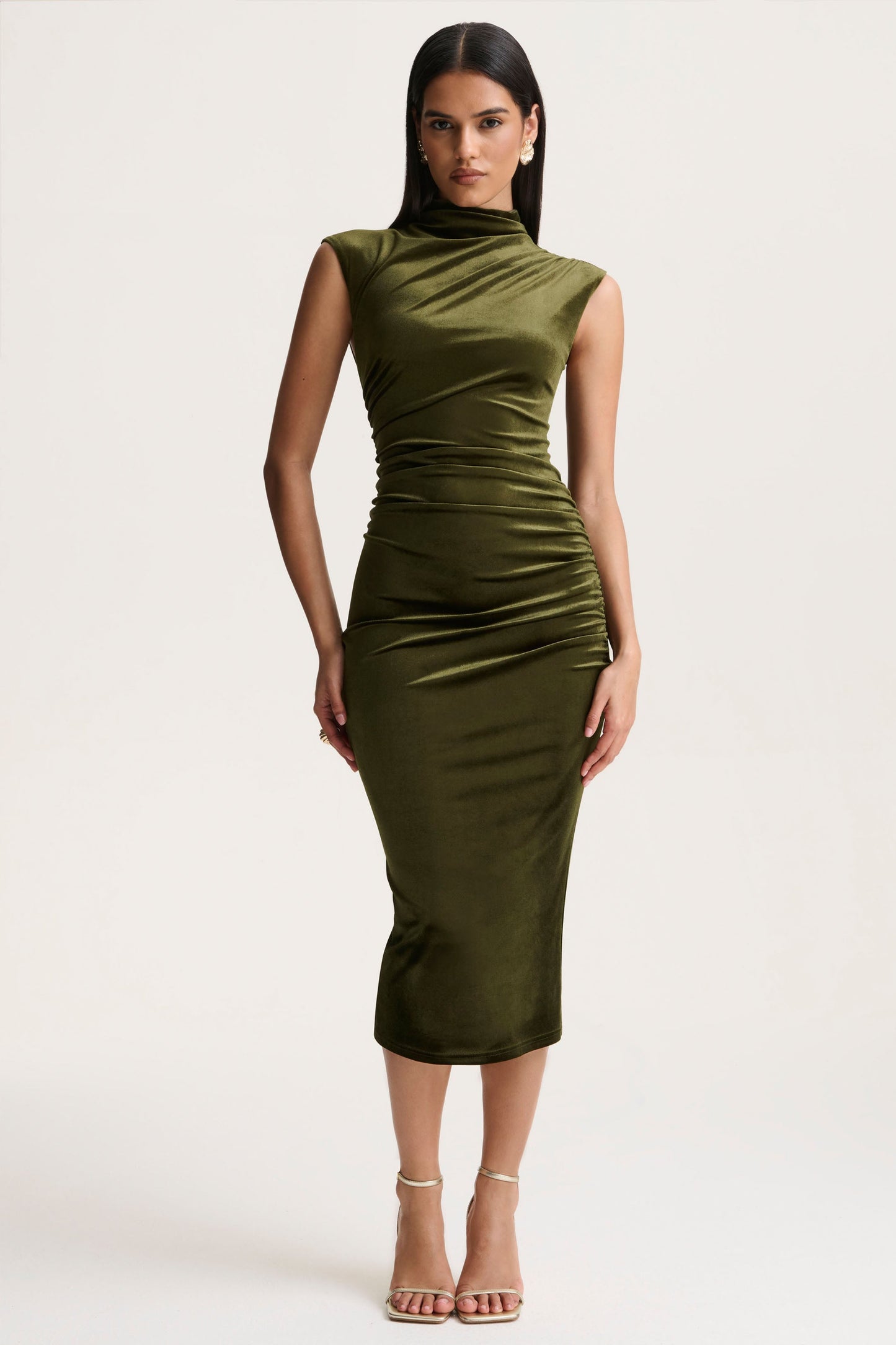 Novine | Olive Velvet High-Neck Midi Dress