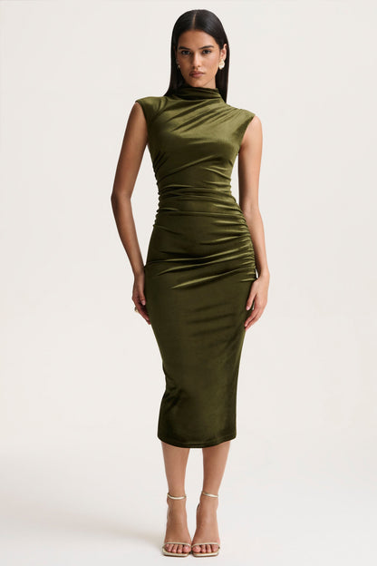 Novine | Olive Velvet High-Neck Midi Dress