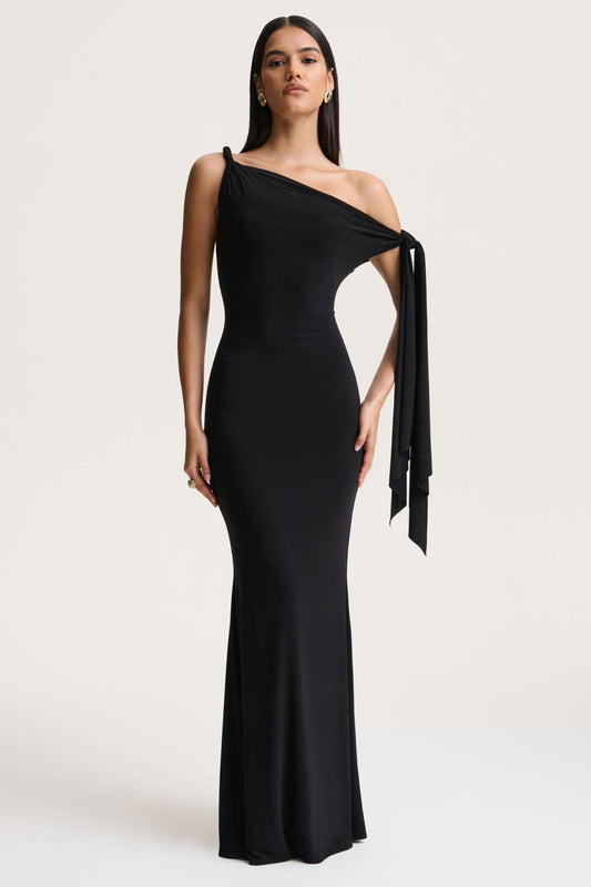 Vista | Black Asymmetric-Neck Maxi Dress With Knot-Sleeve Detail