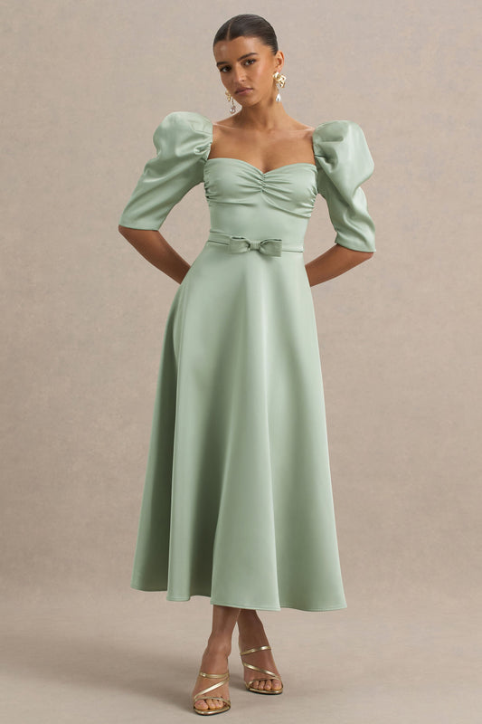 Rosey | Green Satin Sweetheart Midi Dress