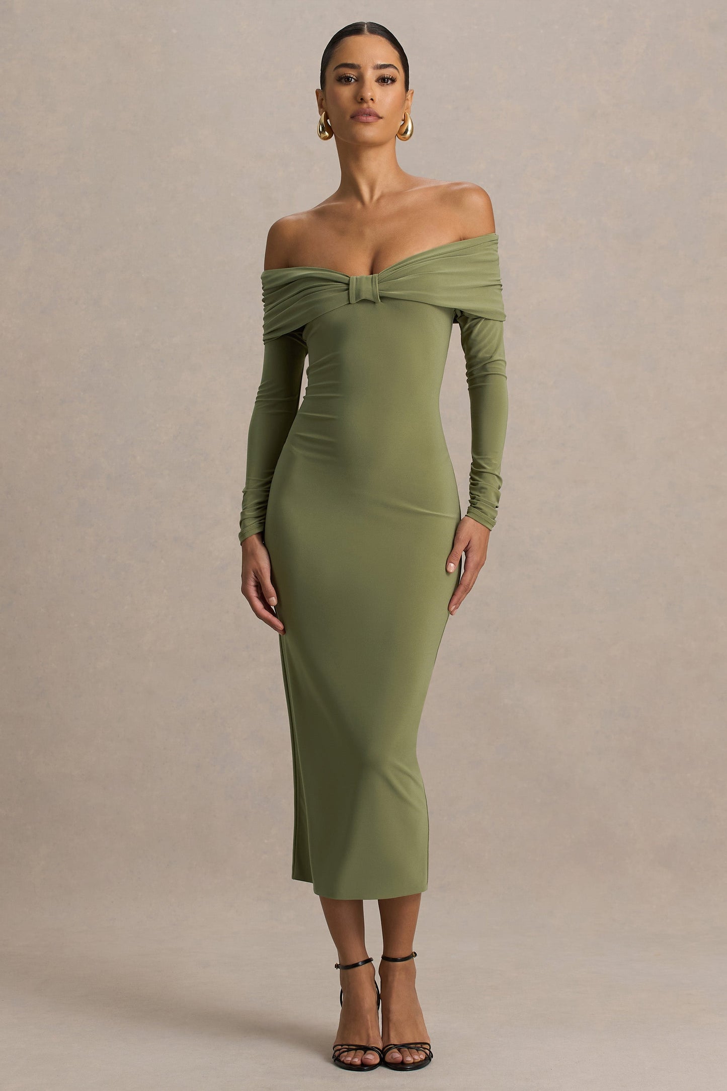 Spark | Olive Bardot-Neck Maxi Dress With Bow Detail