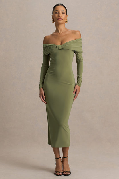 Spark | Olive Bardot-Neck Maxi Dress With Bow Detail