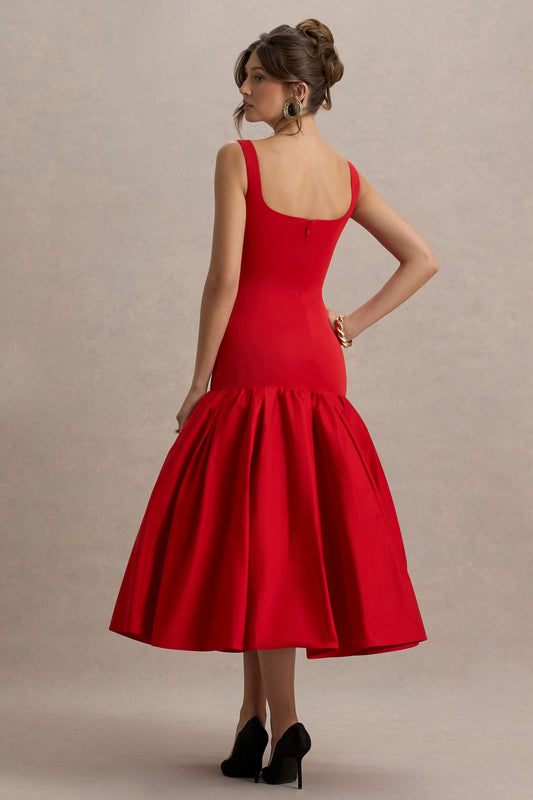 Parida | Red Poplin Drop-Waist Midi Dress With Peplum Hem