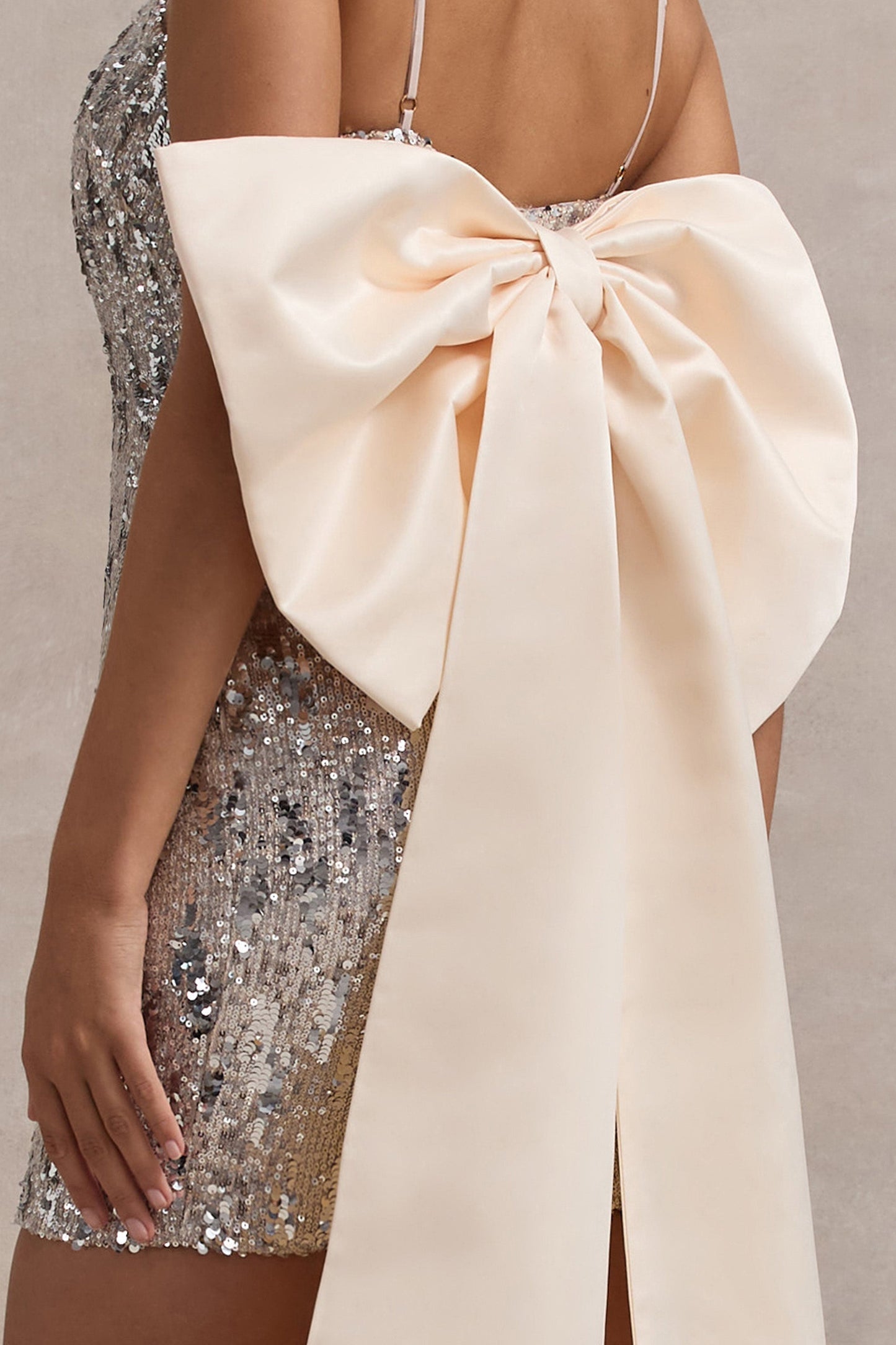 Sugar | Off-White Feathered Sequin Mini Dress With Satin Bow