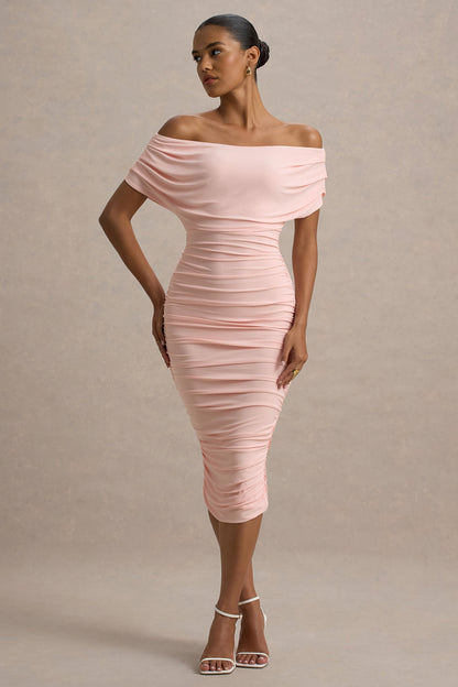 Rayleigh | Pink Bardot Ruched Midi Dress
