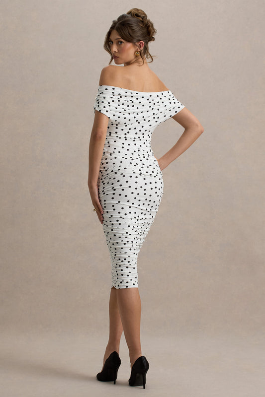 Rayleigh | Polka Dot Bardot Ruched Midi Dress