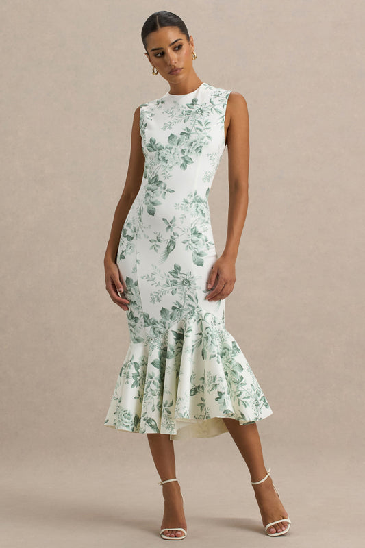 Priceless | Green Porcelain Print Print High-Neck Fishtail Midi Dress